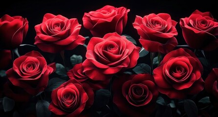 Obraz premium Cluster of deep red roses with velvety petals and dark green leaves against a black background, lit with dramatic soft lighting, evoking romantic and passionate emotion