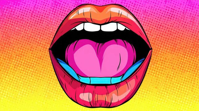 A vibrant pop art illustration of an open mouth with a playful tongue, This image can be used for marketing, social media, or art projects to convey fun, boldness, and creativity,