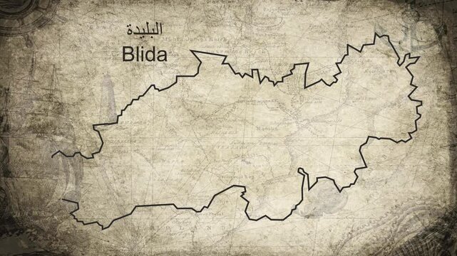 Blida Algeria map drawn on a cartography background sheet of paper