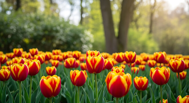 Vibrant red tulips blooming in a lush green garden under a clear blue sky