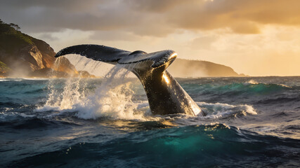 Fototapeta premium Whale tail breaking the ocean surface near the coast of Garopaba in Brazil