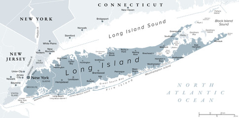 Long Island, New York state, gray political map. Densely populated continental island, that constitute a large part of New York City with Brooklyn and Queens, and extending into Atlantic Ocean. Vector © Peter Hermes Furian