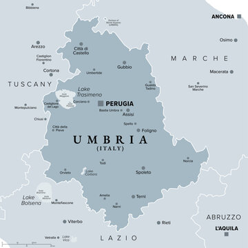 Umbria, a region of central Italy, gray political map, with capital Perugia and largest cities. Region on the Italian Peninsula, with the historic towns Assisi, Orvieto, Gubbio, and Spoleto. Vector