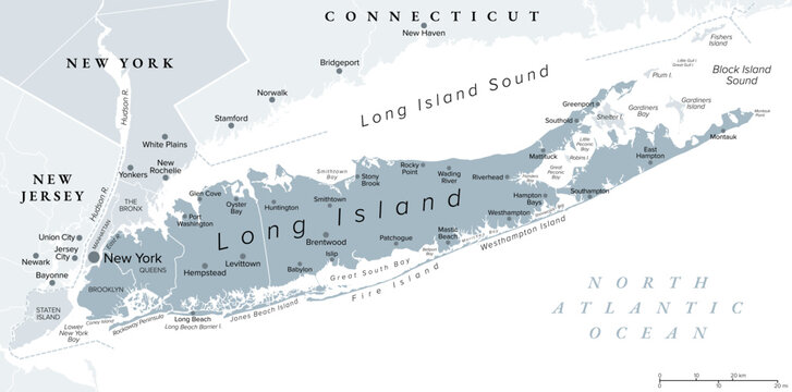 Long Island, New York state, gray political map. Densely populated continental island, that constitute a large part of New York City with Brooklyn and Queens, and extending into Atlantic Ocean. Vector