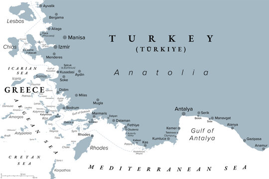 Turkish Riviera, or Turquoise Coast, a region in southwest Turkey, gray political map. Located along the Mediterranean and Aegean coasts. The Dodecanese islands lie to the west of the Riviera. Vector