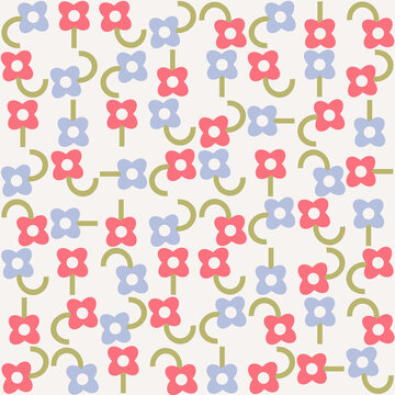 Flower vector pattern, seamless repeating background, flat illustration. Preppy floral bouquet with icons, wallpaper design for cards, fabric, wrapping, textiles, wallpaper, and stationery.