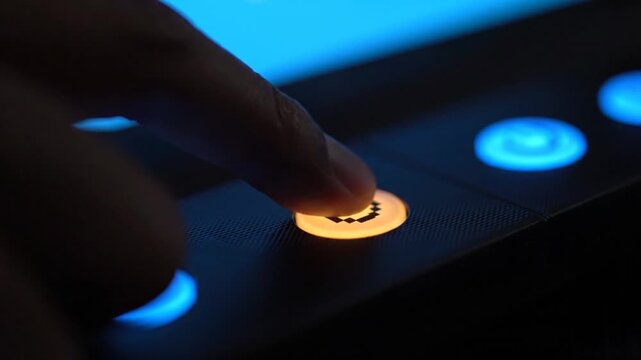 Finger pressing button on dark modern device with blue light
