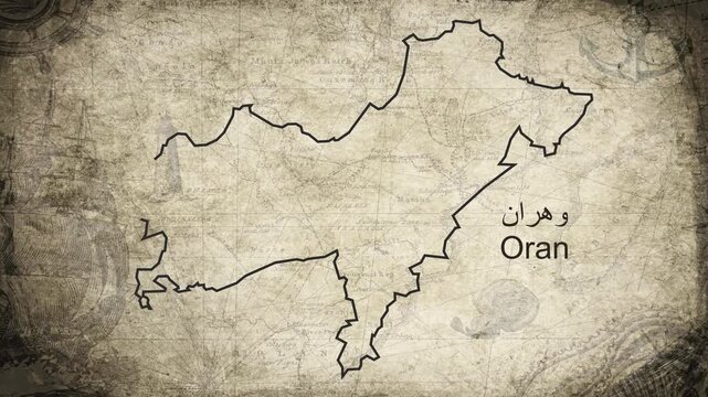 Oran Algeria map drawn on a cartography background sheet of paper