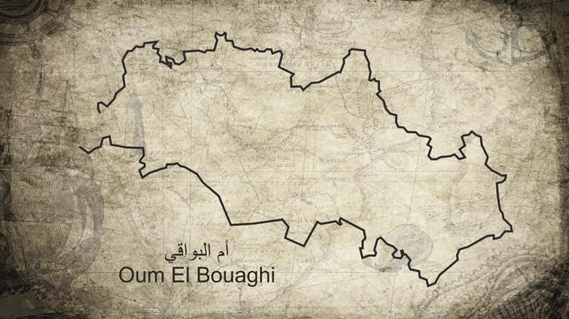 Oum El Bouaghi Algeria map drawn on a cartography background sheet of paper