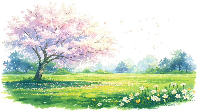 春の自然を象徴する満開の桜を描いた水彩イラスト、花びらが舞う穏やかな景色、季節の挨拶やイベント告知に使える背景素材