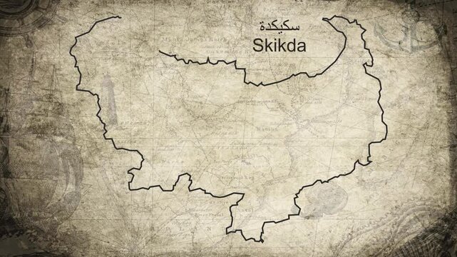 Skikda Algeria map drawn on a cartography background sheet of paper