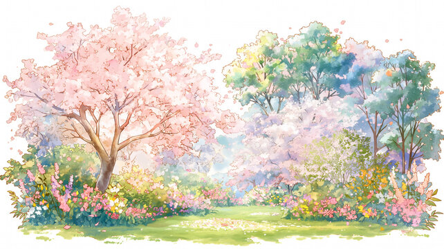 春の訪れを感じさせる満開の桜を描いた水彩風景イラスト、花びら舞うやわらかな空気感、季節感あふれる背景素材、新生活