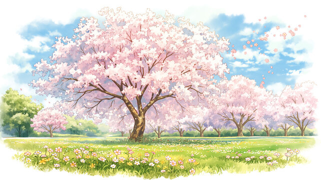 桜が満開に広がる春の自然風景を描いた水彩イラスト、花見や入学シーズンを連想させる季節感豊かな構図