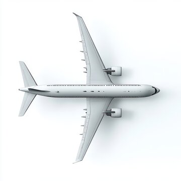 top-down view of a sleek twin-engine passenger airplane with winglets and visible windows on a white background, calm minimalist studio composition