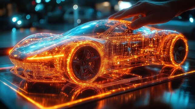 hand interacting with glowing orange wireframe sports car hologram on a tablet, futuristic concept and sense of wonder