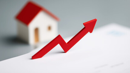Red arrow indicating growth beside house model on financial document  