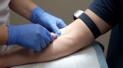 Close up of a nurse or doctor taking a blood sample from a patients arm for a medical test in a clinic.