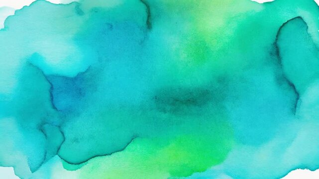 Abstract watercolor painting blending blue, green, and teal hues, fluid organic appearance with darker and lighter patches, subtle black lines adding depth and texture, soothing creative artistic comp