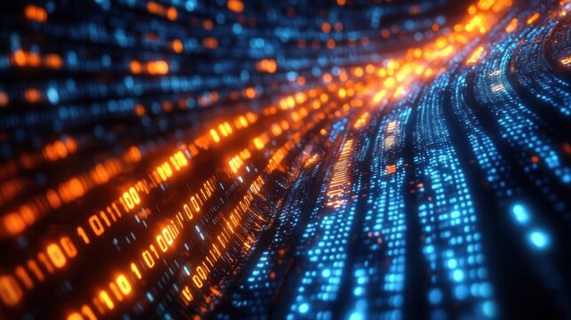 flowing wave of glowing blue and orange binary digits forming a light tunnel, dynamic futuristic motion conveying energy and digital speed