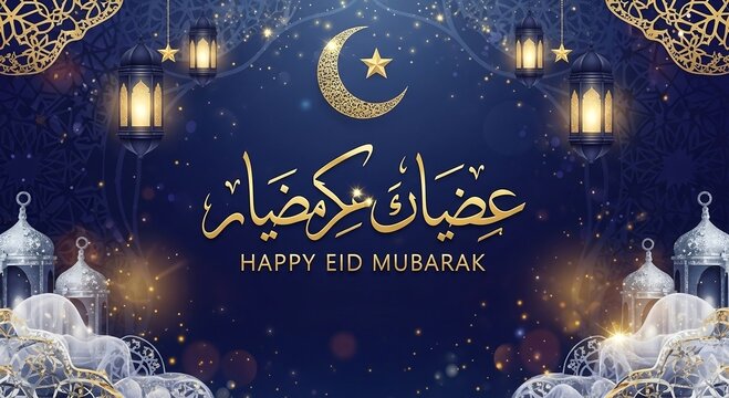 A vibrant celebration of eid with lanterns and arabic calligraphy against a dark blue sky.
