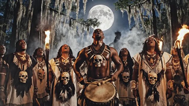 African tribal group performing ancient ritual under full moon