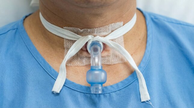 Close up of a patient with a tracheostomy tube in the neck for breathing support.