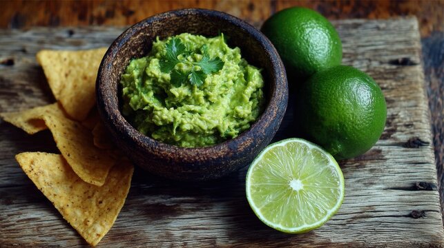 Fresh guacamole with tortilla chips and limes