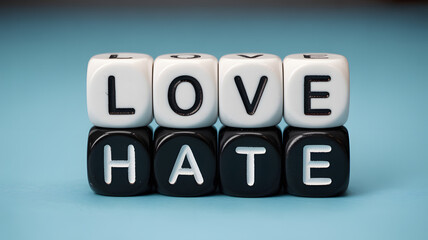 A thought-provoking image of contrasting emotions with love and hate spelled out in dice