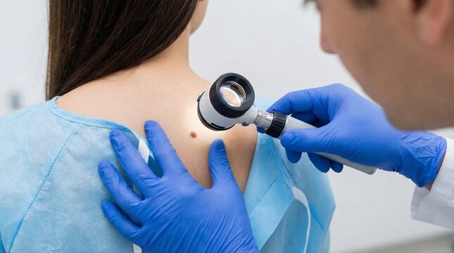 Dermatologist examining a patients mole with a dermatoscope for skin cancer screening.