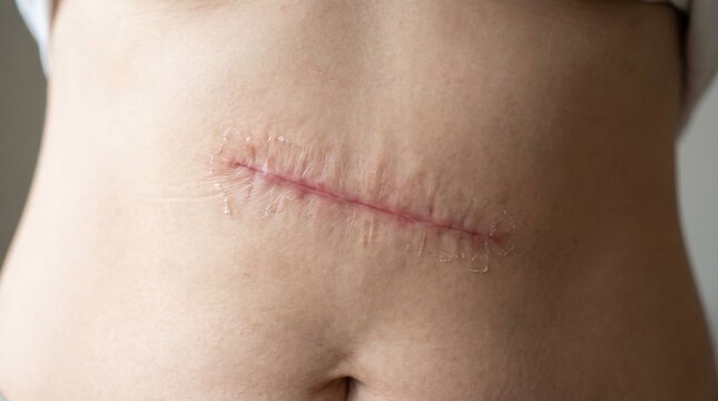 Detailed close-up view of a healing surgical incision on the abdomen.