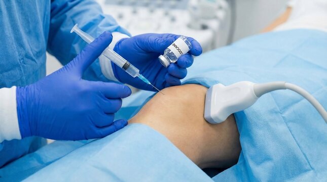 Doctor performing an ultrasound guided injection into a patients knee joint for pain relief.