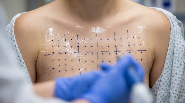 Doctor performing a skin allergy patch test on a patients chest in a clinic.