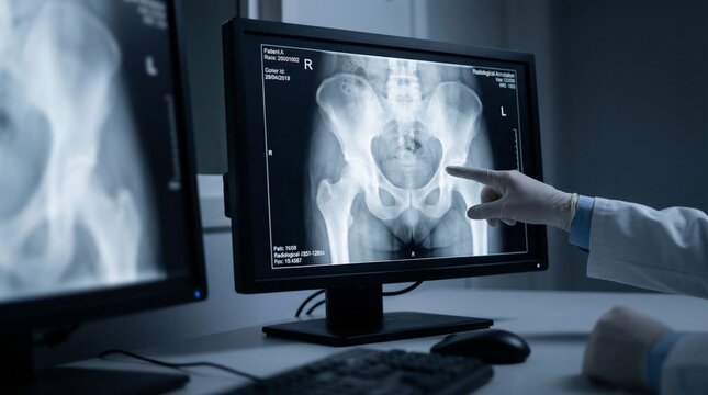 Doctor radiologist analyzing a human pelvis X-ray on a computer monitor for medical diagnosis.