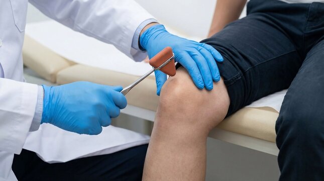 Doctor using a reflex hammer to test a patients knee-jerk reflex during a medical examination.