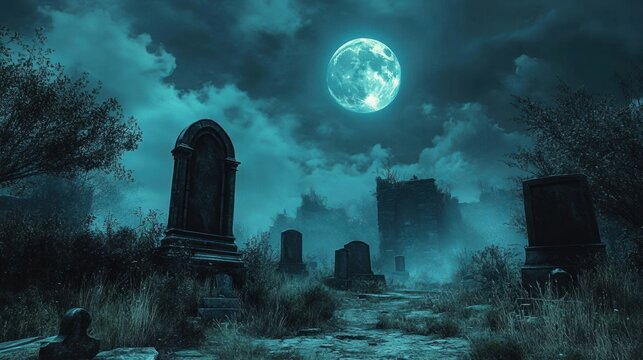 Moonlit abandoned cemetery with crumbling tombstones, ruined mausoleum, overgrown path and thick fog under an eerie full moon