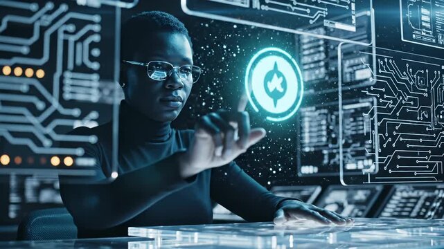 Woman engineer touches holographic interface with circuit display. Female developer works with digital technology. Engineer interacts with hologram. Woman uses futuristic interface in tech lab.
