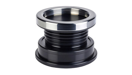 A close-up view of a black and silver metal camera lens adapter on a plain white background