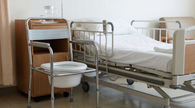 Empty hospital room with a medical bed and a bedside commode chair for patient care.