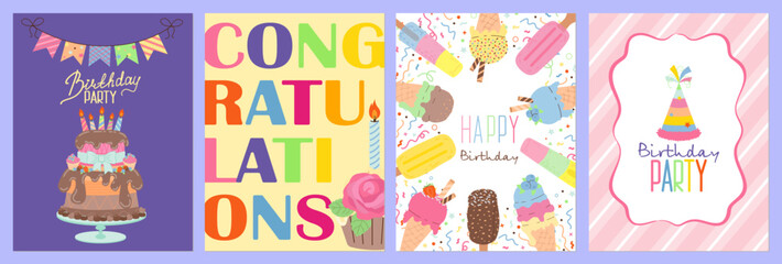  Set of four vibrant birthday-themed vector illustrations featuring a cake, "Congratulations" text, ice cream cones, and a party hat. Ideal for celebratory and festive designs.