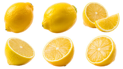 Fototapeta premium A collection of fresh lemons and lemon slices on a white background