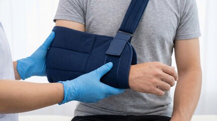 Obraz premium Medical professional assisting a male patient with an arm sling for a shoulder injury.