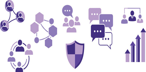 Fototapeta premium Business communication and social network icon set with teamwork security chat and growth analytics symbols vector illustration collection.