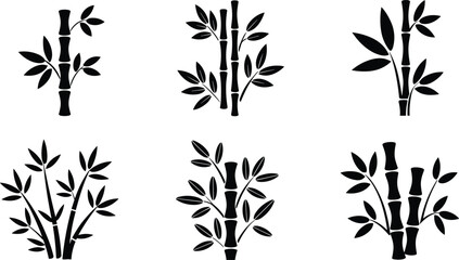 Bamboo silhouette vector set, six stylized bamboo stalk icons, black bamboo illustrations with leaves, Asian plant symbols, logo and pattern design elements © Hello World