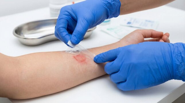 Medical professional in blue gloves treating a skin allergy reaction on a patients arm.