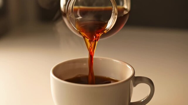 Pouring hot coffee into a white cup with rich aroma and cozy lighting.