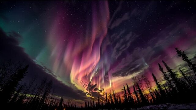 Vibrant aurora borealis display dancing across a dark night sky with silhouetted trees and a mountainous landscape in a breathtaking natural scene.
