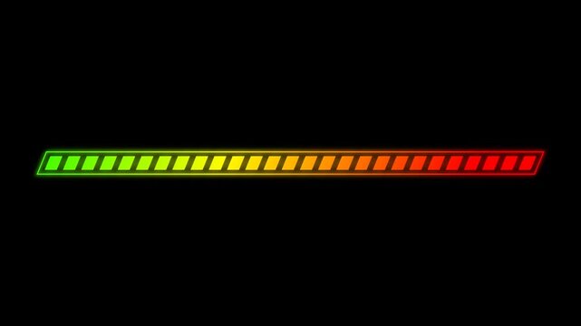 Loading bar animation with a green to red neon gradient. This progress bar features a segmented HUD style for tech, gaming, and UI projects. High-quality status indicator for video editing and app int