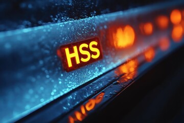 close-up of wet metallic control panel with glowing HSS indicator, warm orange lights and cool blue reflections, moody futuristic atmosphere