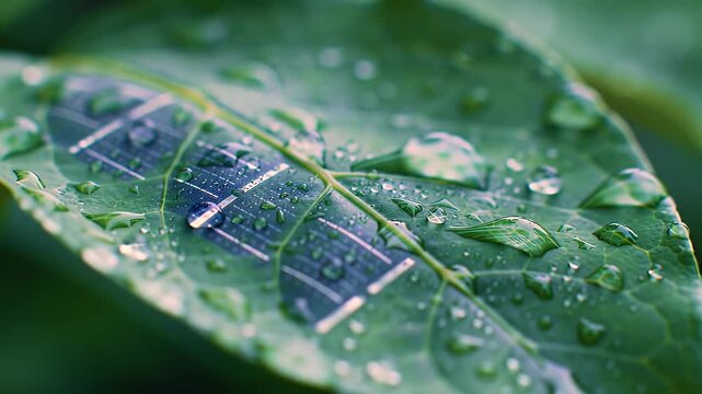 Solar panel on leaf with water drops.