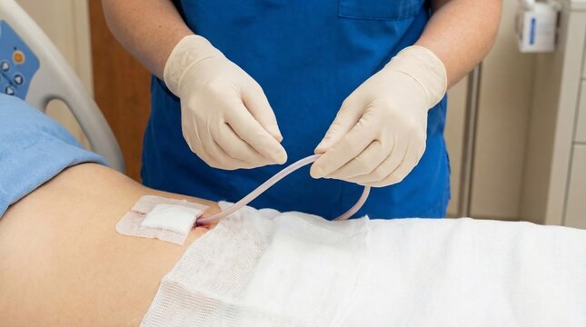 Nurse in blue scrubs and gloves attending to a patients medical drainage tube in a hospital setting.